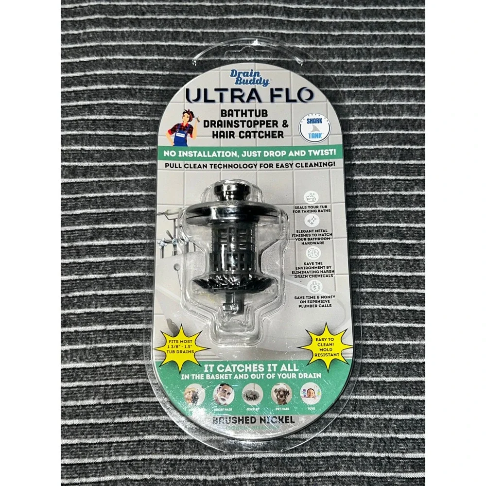 Drain Buddy Ultra Flo Bathtub Drain Stopper Hair Catcher‎ Brushed Nickel BUF TUB